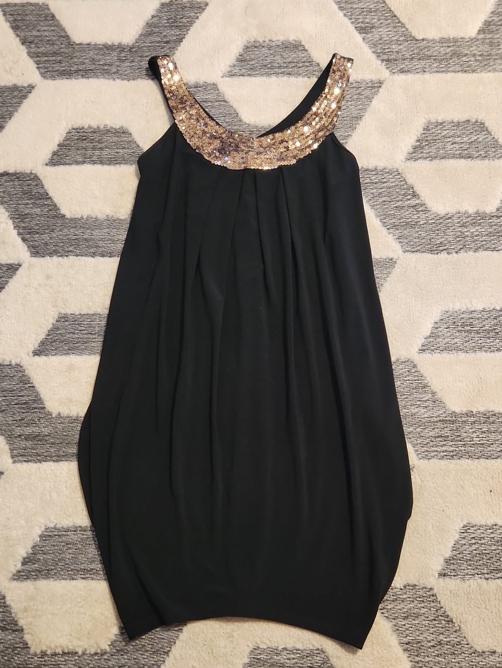 Elegant Black Midi Dress with Gold Sequin Scoop Neckline